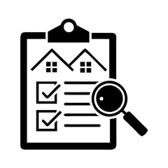 Home appraisal icon featuring checklist and magnifying glass for property evaluation
