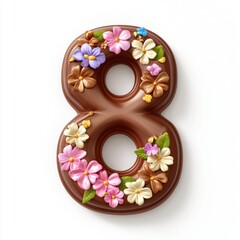 Chocolate number 8 with decorative edible flowers for 8 March International Womens Day isolated on white