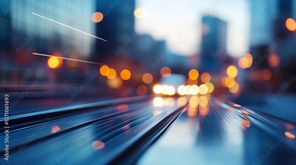 Aufkleber blurry city lights and moving traffic lines create a dynamic urban scene at dusk : generative ai