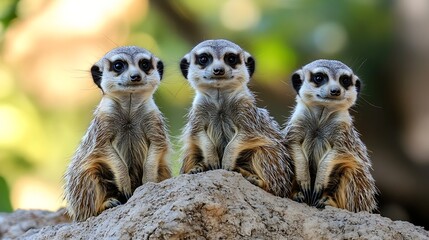 Three adorable meerkats sitting closely together on a rock surrounded by a lush green background : Generative AI