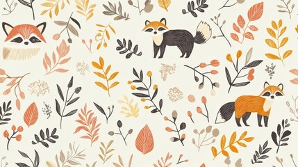 Background pattern cute animal footprints concept. Woodland Animal Footprints of Fox Raccoon and Bear Paws in Autumn Leaves and Branches