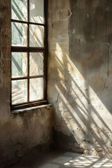 Sunlight streaming through a dusty window in an abandoned room with peeling walls (3)