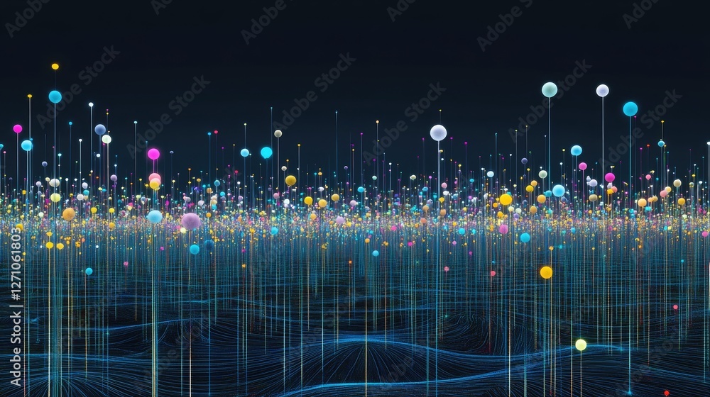 Poster a digitally rendered image of genetic code sequences floating in a dark blue space, symbolizing geno
