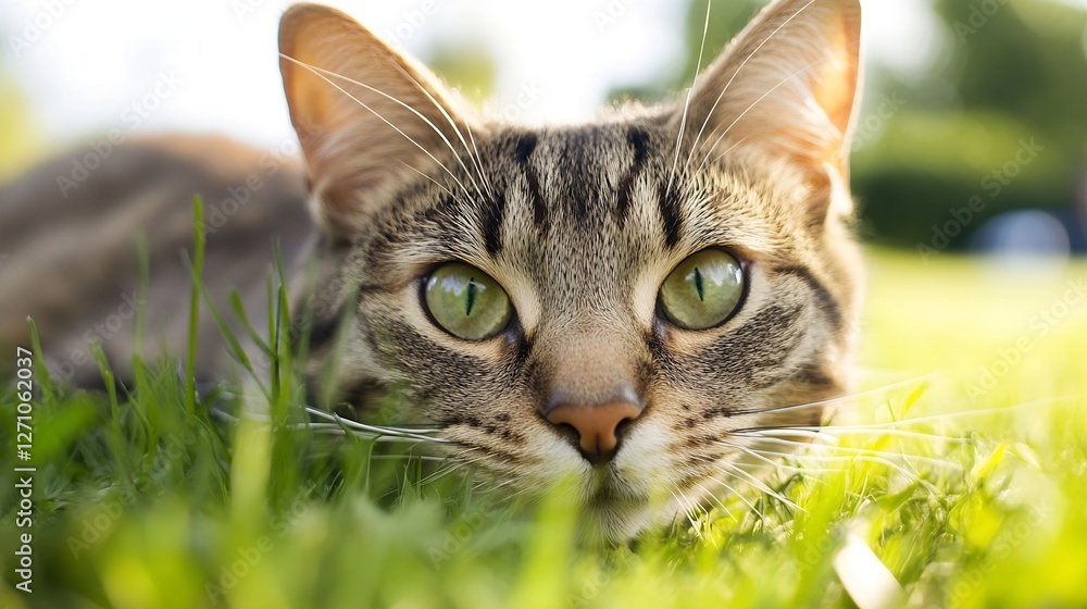 Poster closeup of a curious striped cat relaxing on lush green grass under bright sunlight in a garden sett