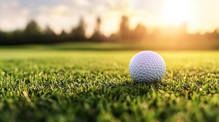 Obraz premium Closeup of a golf ball resting on green grass during golden hour lighting : Generative AI
