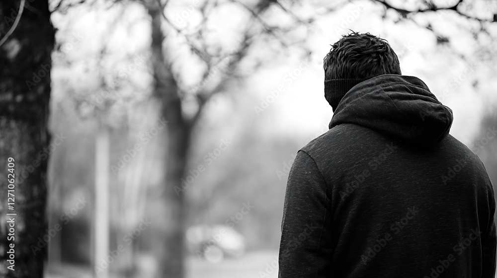 Poster man in hoodie standing contemplatively in a park during a cloudy day capturing a pensive mood : gene