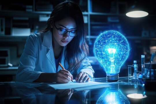 A female scientist in a lab, illuminated by a glowing lightbulb symbolizing innovation and discovery.
