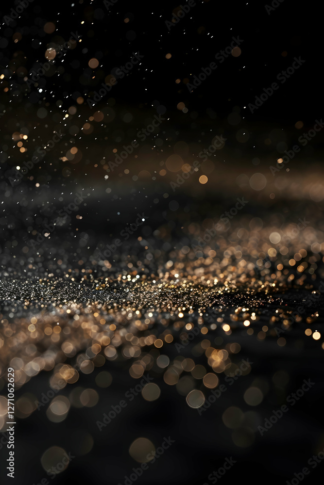 Poster close-up view of shimmering golden and silver particles on a dark background creating an elegant atm