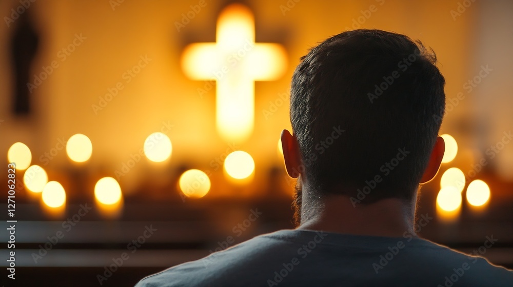 Aufkleber contemplative man sitting in church with flickering candles and cross in view : generative ai