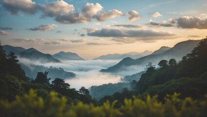 Obraz premium The serene landscape features mist amidst verdant mountains, with soft light illuminating scattered clouds, creating a serene vista.