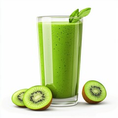 Green vegan smoothie in a glass with fresh ingredients isolated on white background