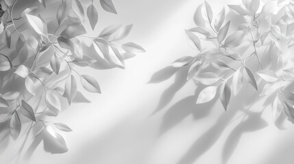 Delicate shadows of tree leaves softly overlay a plain white wall, evoking a serene, timeless, and peaceful atmosphere with subtle light changes and a calming influence