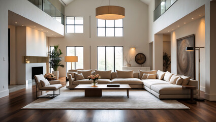 The living room is bright and modern, featuring a beige sectional sofa and high ceilings, and large windows that provide natural light for a spacious atmosphere.