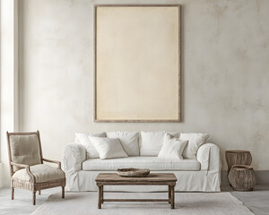 A vertical blank poster frame on the wall of an elegant living room with a white sofa, coffee table, and armchair, in warm neutral colors, featuring hyper-realistic photography. 