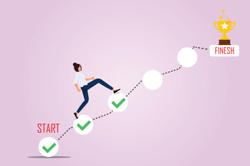 Businesswoman Walking from a Small Goal to Another Big Goal and Achieved Success: Vector Illustration