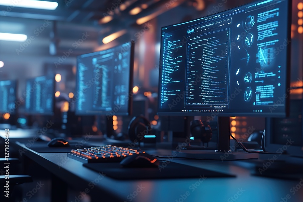 Poster programmers code software solutions on monitors in a dark office at night