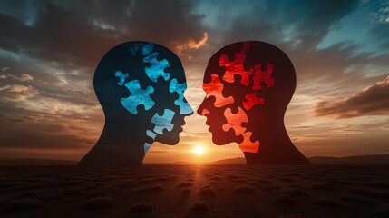 A complex human head puzzle with one blue piece missing, emphasizing mental wellness and personal growth, set against a smooth gradient background with vivid clarity and sharp focus