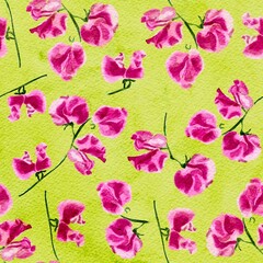 Seamless pattern with pink flowers on a green background