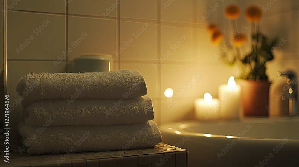 Poster a stack of fluffy white towels neatly placed on a bathroom counter with soft lighting.