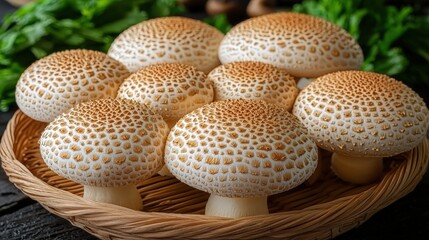 A woven basket filled with freshly gathered mushrooms and green parsley on a wooden table