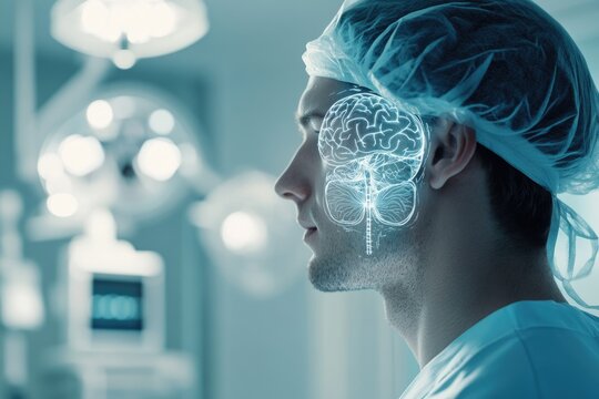 A surgeon in an operating room with a digital brain overlay, representing neurosurgery or brain research.