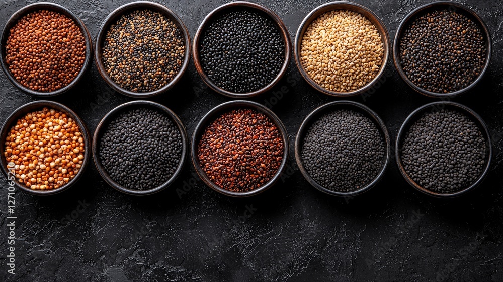 Poster an array of colorful bowls filled with fresh beans and lentils on a rustic surface