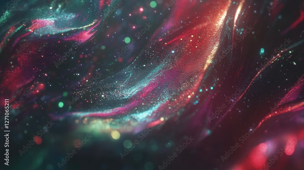 Poster bright, iridescent light waves smoothly flowing in a dynamic abstract composition over a dark space.
