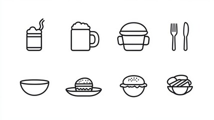 A thorough catering and dining icon set, depicting a chef's hat, forks, spoons, a dining table, and other significant kitchen tools, all designed with careful attention to detail
