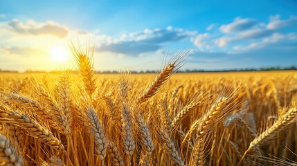 Naklejka premium Lush wheat field bathed in golden sunshine with dramatic clouds in the background