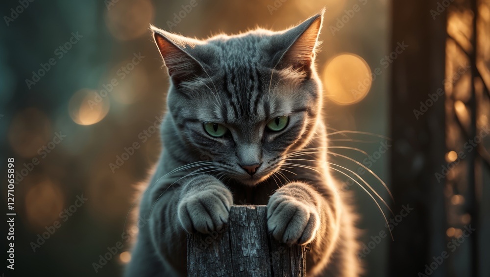 Poster mysterious cat perched on a fence post during sunset with glowing bokeh effects in the background