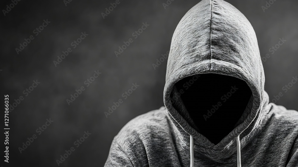Poster mysterious figure in gray hoodie with empty face and dark background conveying anonymity and intrigu