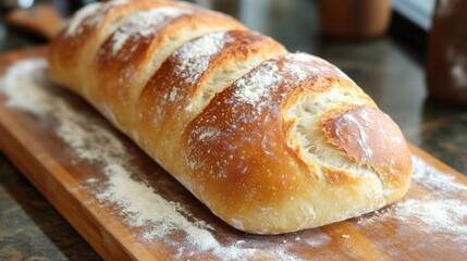 a loaf of freshly baked artisan bread with a crunchy crust and soft interior, sitting on a wooden board with flour dusting. 