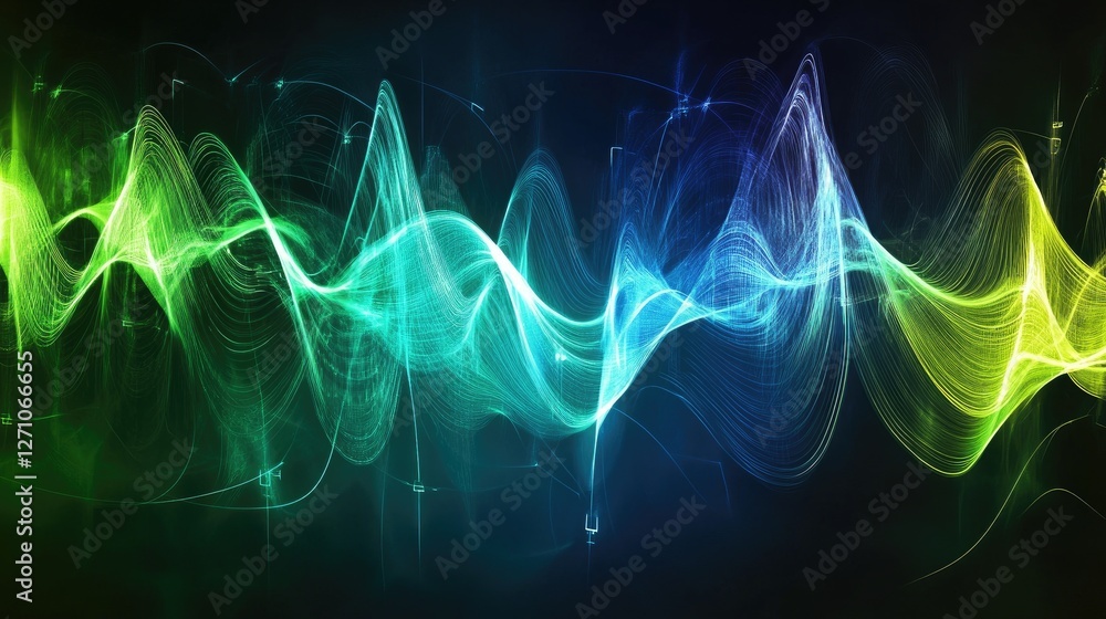 Poster dynamic pulse-like green and blue sound waves flowing seamlessly in an abstract digital setting.