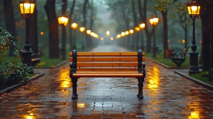Serene park bench under rain showers surrounded by lush greenery and tranquil atmosphere