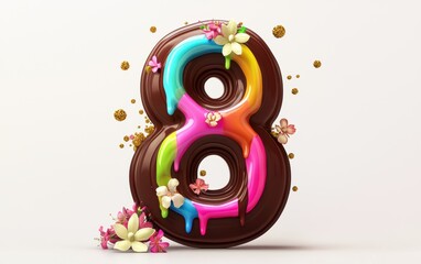 Fototapeta premium Playful number 8 with dripping rainbow chocolate, golden sparkles, and delicate floral accents on a clean white background for 8 March International Womens Day