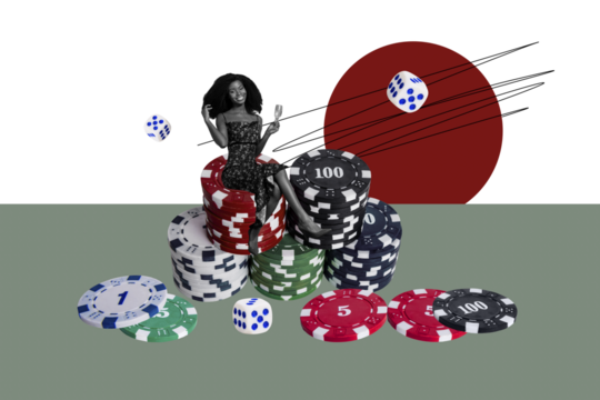 Trend artwork 3D collage sketch image of casino gambling game play roulette young lady sit pile chip hold in hand glass drink champagne