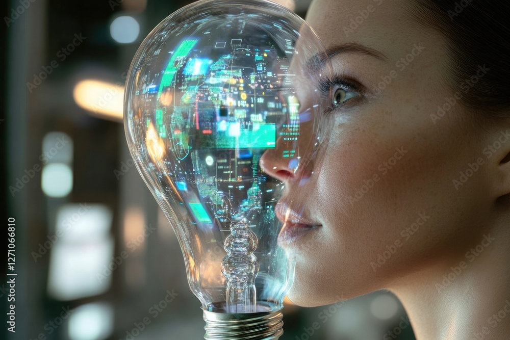 Aufkleber a woman's face merges with a lightbulb displaying digital data, symbolizing innovation and technolog