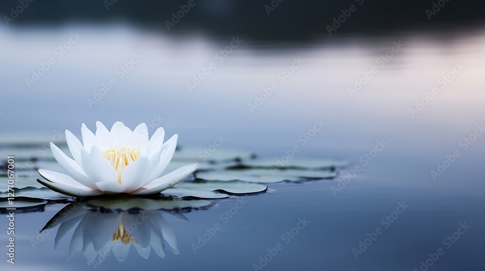 Poster beautiful white water lily blooming with reflection in a tranquil pond : generative ai