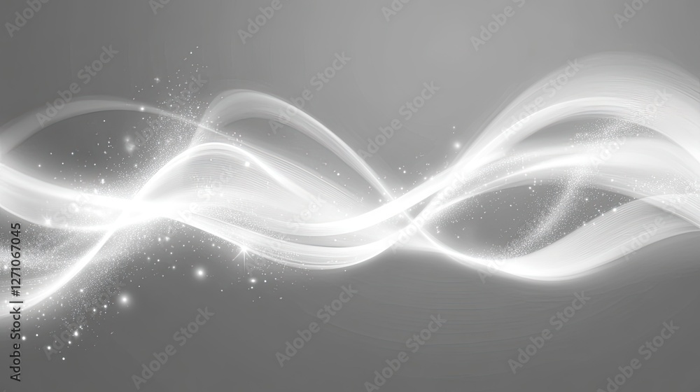 Poster elegant white light waves with soft highlights floating gracefully across a minimalistic gray backgr