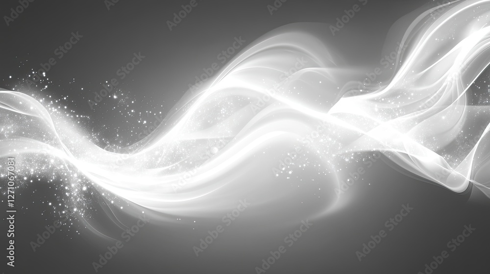 Poster elegant white light waves with soft highlights floating gracefully across a minimalistic gray backgr