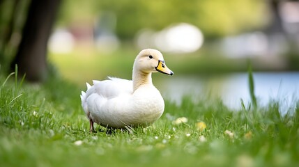 Adorable white duck standing gracefully on green grass near a pond basking in the sunlight : Generative AI