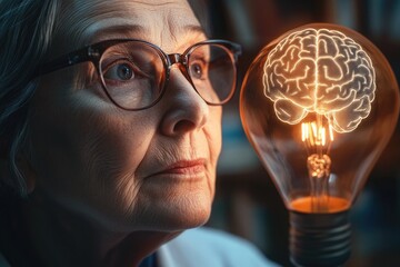An elderly woman contemplates a lightbulb depicting a brain, symbolizing intelligence and wisdom.
