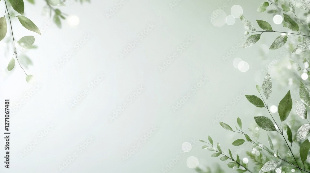 Poster minimalist botanical background with delicate green leaves and bokeh light effects on a soft pastel 