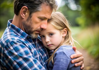 Fototapeta premium A concerned child held closely by her father in a peaceful natural setting, showcasing the deep emotional bond between parent and child during uncertain moments.