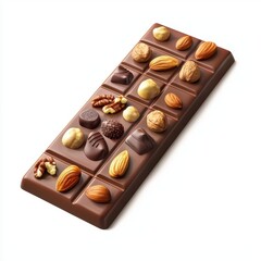Vegan chocolate bar with nuts and fruits isolated on white background