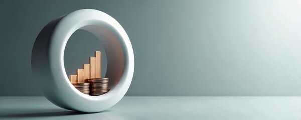 Growth concept image features stacked bronze coins, rising bar graph inside white torus against clean background. Modern design financial progress, investment success, market innovation, wealth,