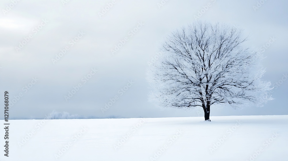 Aufkleber majestic leafless tree stands alone in a snowcovered landscape under cloudy skies : generative ai