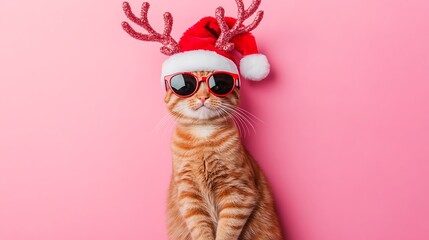 Cool cat in Santa hat and reindeer antlers.