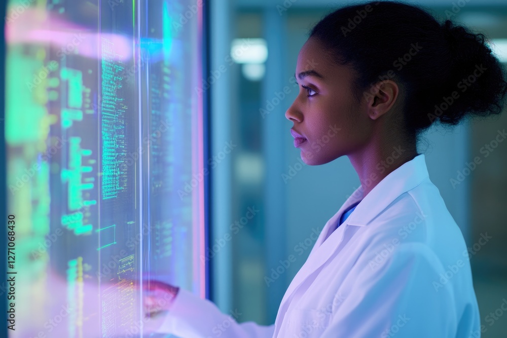 Aufkleber a female scientist in a lab coat interacts with a large interactive display showing complex data.