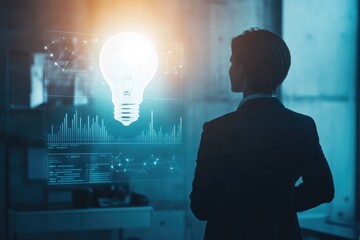 A businesswoman contemplates a glowing lightbulb symbolizing innovative ideas and data analysis on a futuristic interface.